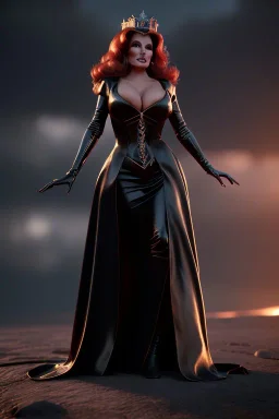 Raquel Welch as evil queen in black leather gown, angry, busty, curvey, cleavage, unreal 5, octane render, cinema4d, dynamic lighting, dramatic lighting, 4k, redshift render, highly detailed, hyper realistic