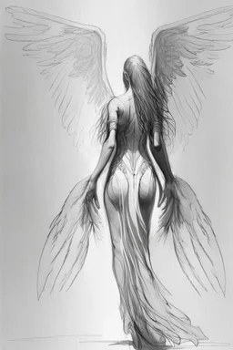 full body woman angel from back wings coming from her back, wearing long tunic ultra realistic sketch