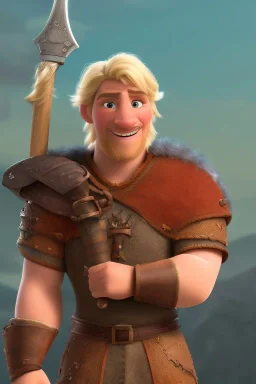 strong medieval warrior with blond short hair, blue eyes and wide warm smile with an axe with green and brown clothes