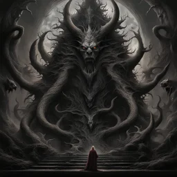 Generate a visually striking artwork that depicts 'Abaddon' as a formidable and malevolent entity drawing inspiration from dark mythology and biblical references. Incorporate elements of chaos, destruction, and a foreboding atmosphere, while highlighting Abaddon's menacing presence and otherworldly power.