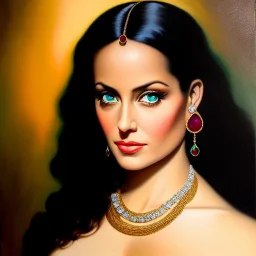 oil Portrait on canvas of busty beautiful young Dejah Thoris with big crystal clear green eyes looking to viewer,realistic,intrincate detail, with ruby necklace by Adam hughes 16k