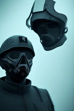 All black uniform soldier, wearing high tech mask, white smoke, dark, rage, sorrow, high definition, ultra 8 k, volumetric lighting, blue fire, fog