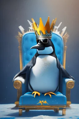 pinguin with a crown and sunglasses on a throne