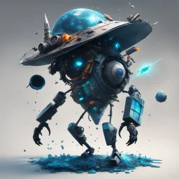 a creature made of liquid with a hat made of space debris, fragments of wreckage, essential parts, and salvaged components
