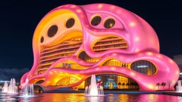 Enormous comical organic futuristic fantasy building at night, inspired by the fluidity of ocean waves: undulating, curved pink and yellow walls made of shimmering, innovative semi-transparent opalescent materials. The happy building has large, curved, intriguing rounded windows, iridescent curved balconies with big Disney sculptures. The building is surrounded by water and fountains. Snow-capped mountains on the horizon. Award-winning photograph, beautiful composition, joyful vibe, wonderful