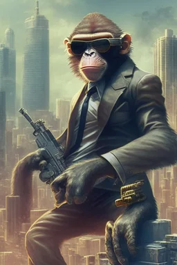 criminal monkey with a machinegun and sunglasses. Realistic image, City Background, monkey wearing a suit, smoking a cigar