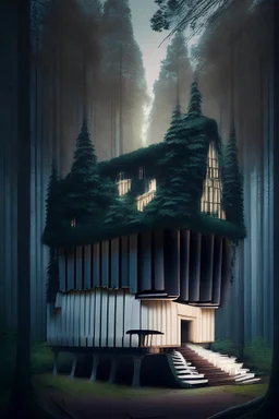 House made of giant piano on the forest cinema lighting