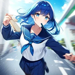 Clear focus,High resolution, Vibrant short blue hair, Vibrant blue eyes, Wearing a sailor uniform, Running with toast in her mouth