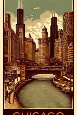 vintage-style woodcut illustration of Chicago's skyline featuring the Willis Tower (formerly Sears Tower) and other modern skyscrapers. The image has a sepia-toned color scheme with black and brown elements. In the foreground, a curved highway labeled "ROUTE 66" with vintage cars driving on it. Street signs reading "CHICAGO", "LAKESHORE DRIVE", and "MILLENNIUM PARK" are positioned in the upper portion. The illustration includes a bridge spanning across a body of water, with architectural details
