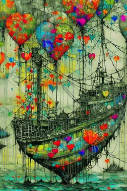 Abstract mixed media kintsugi art in intricately detailed and textured Seth Apter, Ernst Haeckel, Peter Wileman and John Hoyland style: "Fishing flying mantarays, fisherboat carried by heart-shaped balloons, overgrown with foliage and dangling vines, in an enchanted, magical, misty caribbean seascape, with colourful Yayoi Kusama textures, rainbow bubbles, in the clouds." Contemporary Art, incorporating collage and graphic shapes, with figurative and enchanted, mystical elements. By Susanne.