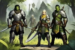 a young man paladin in chainmail and zweihander, a half-orc cleric female (green skin, scars and yellow eyes) with a dagger, and an old ranger, on the body of a vegetal and wooden dead elemental