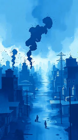 generate an abstract illustration to show slums and developed areas in a polluted city. Use a blue colour platte