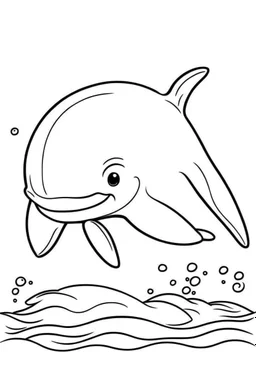 cute coloring page, sketch style, cute baby dolphin in the sea, cute cartoon, white and black, withe background, no shadows, outline.