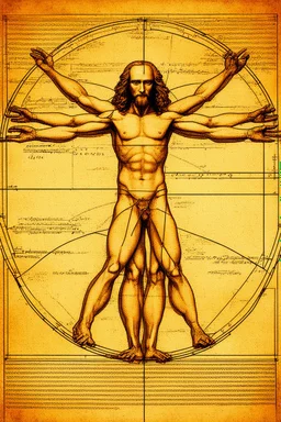 Human – Language – Computer. Leonardo da Vinci's Vitruvian Man on the background of the matrix