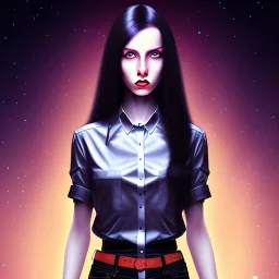 lady with long black hair and black eyes shirt under the Stars