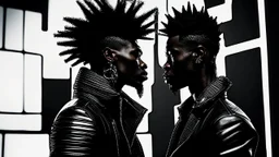 two Afro-American males facing each other in profile, confrontational stance, high-contrast black and white, deep shadows, bright rim lighting, dark studio background, punk spiked mohawk hairstyles, metallic reflective jackets, skin highlights, intricate chrome ear frames and jawline exoskeleton jewelry, biomechanical ear cuffs, sculptural contours, sharp silhouettes, cinematic low-key photography, cyberpunk aesthetic, symbolic duality, tension, dramatic