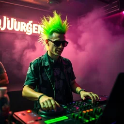 A DJ performing at dance club, his name DJ JüRGEN and looks crazy, crazy green hair with crazy outfit. Neon lights and smog, DJ JüRGEN SIGN ON WALL