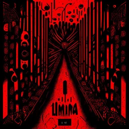 Liminal Abominations, by Phlegm and Ray Johnson, warm colors, stylish and unsettling abstract horror illustration, Kafkaesque trepidations, diagonal composition, album art, Morse code dot and dash vertical textures, dark shines war, complex contrast, red hues