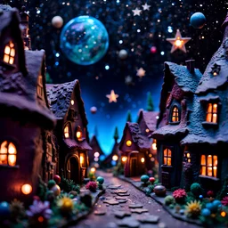 Detailed people, creepy street made of modeling clay, village, stars, galaxy and planets, sun, volumetric light flowers, naïve, Tim Burton, strong texture, extreme detail, Max Ernst, decal, rich moody colors, sparkles, Harry Potter, bokeh, odd