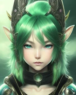 Detailed anime child elf girl, green hair, black and green dragon scale armour, intricate details, full body portrait, keep head in frame, slight smile, black Japanese motif, concept art, highly detailed, digital painting, concept art, sharp focus, illustration, art by Yoji Shinkawa, WLOP and greg rutkowski and alphonse mucha and artgerm and yanjun Chen and Junji ito and Makoto Shinkai, HDR, octane render