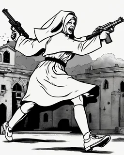 A nun in a short dress jumping with a gun