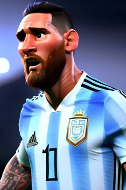 Realistic Messi Argentina soccer player Portrait, mid shot view, concept art, art station, 3d, photo studio, blue clean background, unreal engine 5, ray tracing, RTX, lumen lighting, ultra detail, volumetric lighting.