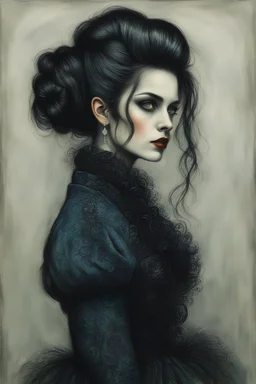 create a 3/4 profile, full body oil pastel of a dark haired, savage, ornately dressed, gothpunk vampire girl with highly detailed , sharply defined hair and facial features , in a foggy 19th century Moscow, in the style of JEAN-FRANCOIS MILLET