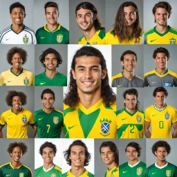 85mm DSLR color photography of a very detailed headshot fitting all of head and hair in frame. 23-year-old Brazilian soccer player, with and with no facial hair and has a with a small smile, grey background has a soft look on his face has smooth long hair