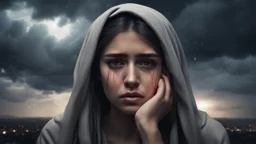 Hyper Realistic Sad young-Pushto-women-showing-tears-in-her-eyes with cloudy sky & dramatic ambiance at night