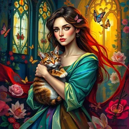 A vibrant, artistic portrait of a woman holding a cat, with rich, layered, and vivid colors. The woman is surrounded by flowing fabrics in bold hues, intricate floral patterns in the background, and dynamic brushstrokes that create a sense of movement. Add golden light filtering through stained-glass windows, delicate butterflies fluttering around, and abstract geometric shapes blending into the scene. The style is expressive, painterly, and immersive, evoking a sense of wonder and depth.