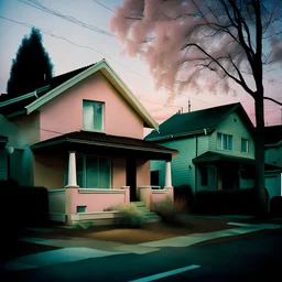 Photograph of a liminal suburbs, light pastel colors, blurred image from 90's