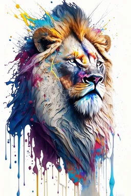 "lion", clean design, epic Instagram, art station, splash of colorful paint, contour, ((solid white background)), angled 45, hyperdetailed intricately detailed, unreal engine, fantastical, cinema lighting, intricate detail, splash screen, complementary colors, fantasy concept art, 8k resolution, DeviantArt masterpiece, watercolor, paint dripping