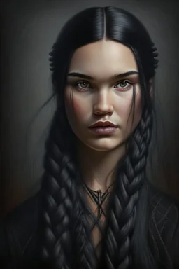 Portrait of a young woman, long black hair in a braid, dark eyes, proud look, extremely beautiful