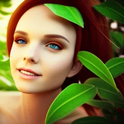 sourceress girl, beautiful, cute, plants in the hair, misterious smile, like an elf, tiled, sun ray, high definition, cinematic, rendering