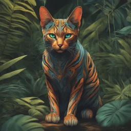 Imágen de arte lineal de un gato humanoide, en la selva, calidad ultra, hiperdetallado, 8k, colores complementarios