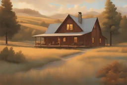 A rustic design with cozy, country-style architecture, earthy colors on exterior walls, wooden details, rural-inspired Bo Bartlett, nature-themed, organic outline, colorblocked landscape panels, rural-section, various animals, serene landscapes, natural patterns --v 5. 2 --ar 2:3