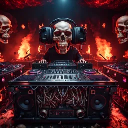 DJ of the damnded, insanely detailed DJ booth in hell, MID set, speakers and equipment made of bone, anatomically correct, add more skulls in th audience, photorealism, vray, 8k 3d