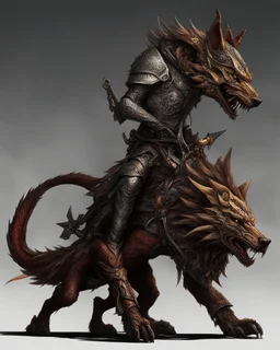 A combination of a dragon and a wolf and a commander riding on it Warrior warrior with leather and metal clothes and robotic metal