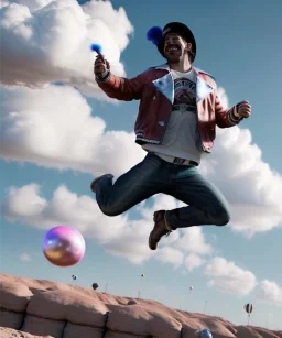 Ultra realistic speed clouds sky scene, wide angle view, strong men falling down with many Childs, circus clothing style, feather color clothing, free jumping flying, many trinkets, hair monster, many jelly beans, balls, color smoke, smile, happy, extreme, wind, clouds sea, 20,000 feet altitude, stratosphere, soft color, highly detailed, unreal engine 5, ray tracing, RTX, lumen lighting, ultra detail, volumetric lighting, 3d, finely drawn, high definition, high resolution.