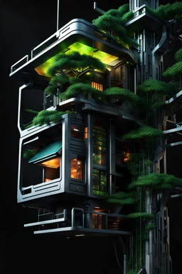 Arte digital 3D de una casa del árbol cyberpunk, hiperdetallada, calidad ultra, increíble obra de arte