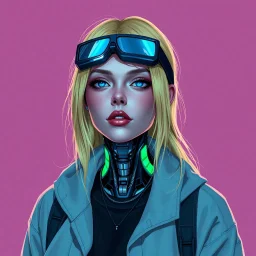 a blonde woman wearing streetwear, robotic neck, digital art, stylised
