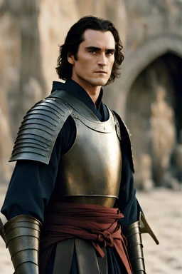 Joaquin Phoenix from year 2000, beachy haircut, black hair, in medieval setting, in burnished medieval samurai armor