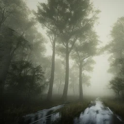 long road in the middle of the forest, with fog, cloudy day with rain, old church