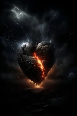 "Generate an image of a powerful storm brewing within a heart, with lightning striking and arteries bursting, portraying the intensity and urgency of a heart attack