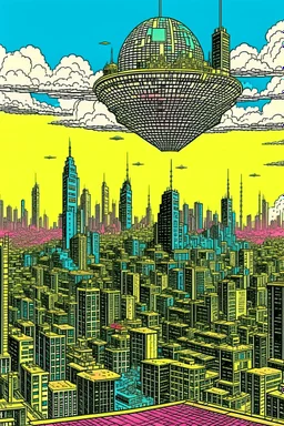 A city in the sky. Comicbook jack kirby style.