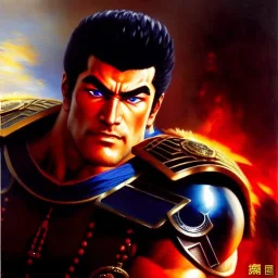 portrait 'Raoh-Fist of the north star',ancient metal armor ,painting by gaston bussiere, greg rutkowski, yoji shinkawa, yoshitaka amano, tsutomu nihei, donato giancola, tim hildebrandt, oil on canvas, cinematic composition, extreme detail,fit full head inside picture,16k