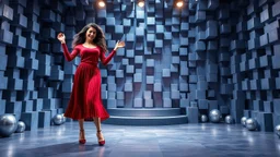 a pretty stage made of metallic blue-gray teme 3d recursive cubic and sphere base structures and a beautiful fashion model lady dancing with joy and cute ,with dark red top and pretty pleated midi skirt ,makeup curvy long hair,dynamic camera zoom to full body and pan, dynamic lights.
