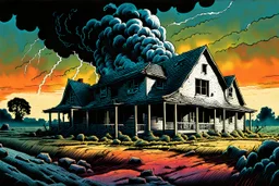 create a surreal horror comic style illustration of a farmhouse disintegrating in a massive, violent tornado , with highly detailed features, in the comic art style of RICHARD CORBEN and FRANK FRAZETTA, searing lines and forceful strokes, precisely drawn, boldly inked, with gritty textures, vibrant colors, dark and dramatic otherworldly lighting