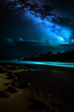 The beach of the island of Leela has its waters full of bright blue stars and dark black skies