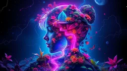 A futuristic, neon, synthwave inspired mental landscape shaped like a woman, with multiple layers and dimensions, reminiscent of a double exposure effect, inspired by the surreal style of Igor Morskoy and the eco-futuristic architecture of Vincent Callebaut, incorporating the mathematical harmony of the Fibonacci sequence, with lush, vibrant and eerie flora seamlessly merging with the contours of the woman, as if her thoughts and emotions have taken on a life of their own, with flickering, pulsa